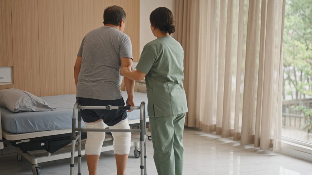 Patient vu de dos, assis au bord d’un lit d’hôpital, les deux genoux bandés après une prothèse, avec une kinésithérapeute qui l’aide à se lever près d’une fenêtre lumineuse