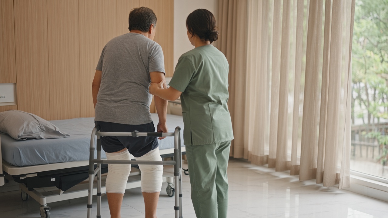 Patient vu de dos, assis au bord d’un lit d’hôpital, les deux genoux bandés après une prothèse, avec une kinésithérapeute qui l’aide à se lever près d’une fenêtre lumineuse