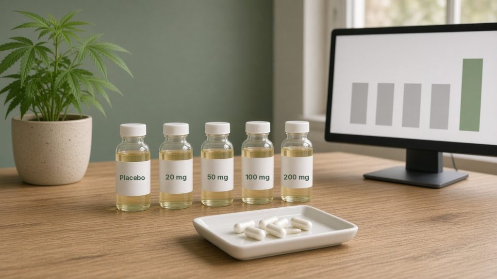 Cinq flacons d’huile alignés sur une paillasse en bois clair, étiquetés placebo, 20 mg, 50 mg, 100 mg et 200 mg, devant une coupelle de gélules, un plant de chanvre et un écran affichant un graphique où seule la dernière barre est plus haute, murs vert sauge et lumière naturelle chaude