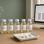 Cinq flacons d’huile alignés sur une paillasse en bois clair, étiquetés placebo, 20 mg, 50 mg, 100 mg et 200 mg, devant une coupelle de gélules, un plant de chanvre et un écran affichant un graphique où seule la dernière barre est plus haute, murs vert sauge et lumière naturelle chaude