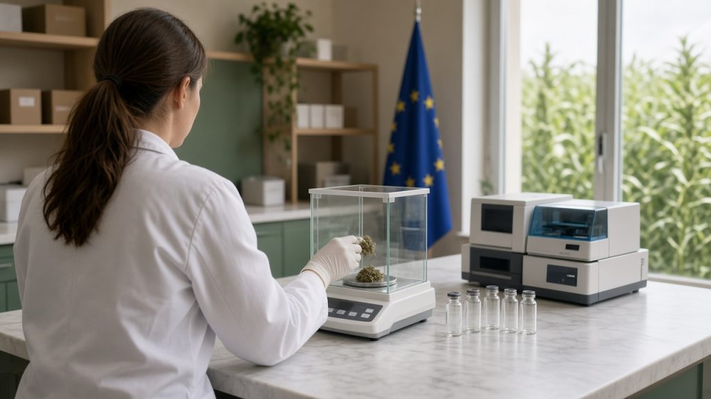 Technicienne de laboratoire, vue de dos, pesant un échantillon de fleur de chanvre sur une balance de précision, avec un champ de chanvre derrière la fenêtre et un drapeau européen en arrière-plan