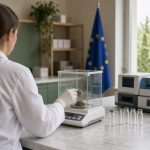 Technicienne de laboratoire, vue de dos, pesant un échantillon de fleur de chanvre sur une balance de précision, avec un champ de chanvre derrière la fenêtre et un drapeau européen en arrière-plan