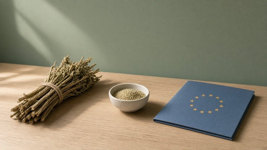 Tiges de chanvre, bol de graines et dossier aux étoiles européennes