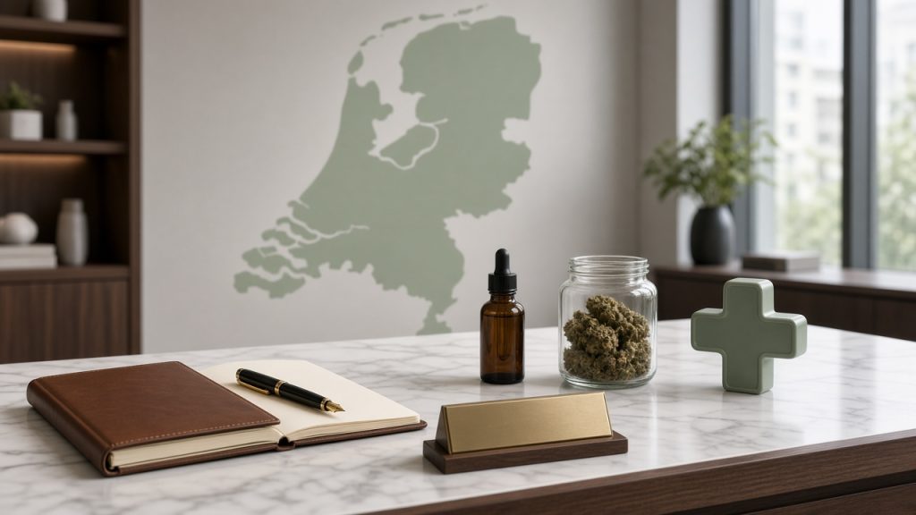 Bureau corporate avec carte des Pays-Bas, dossier et cannabis médical