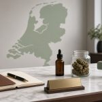 Bureau corporate avec carte des Pays-Bas, dossier et cannabis médical