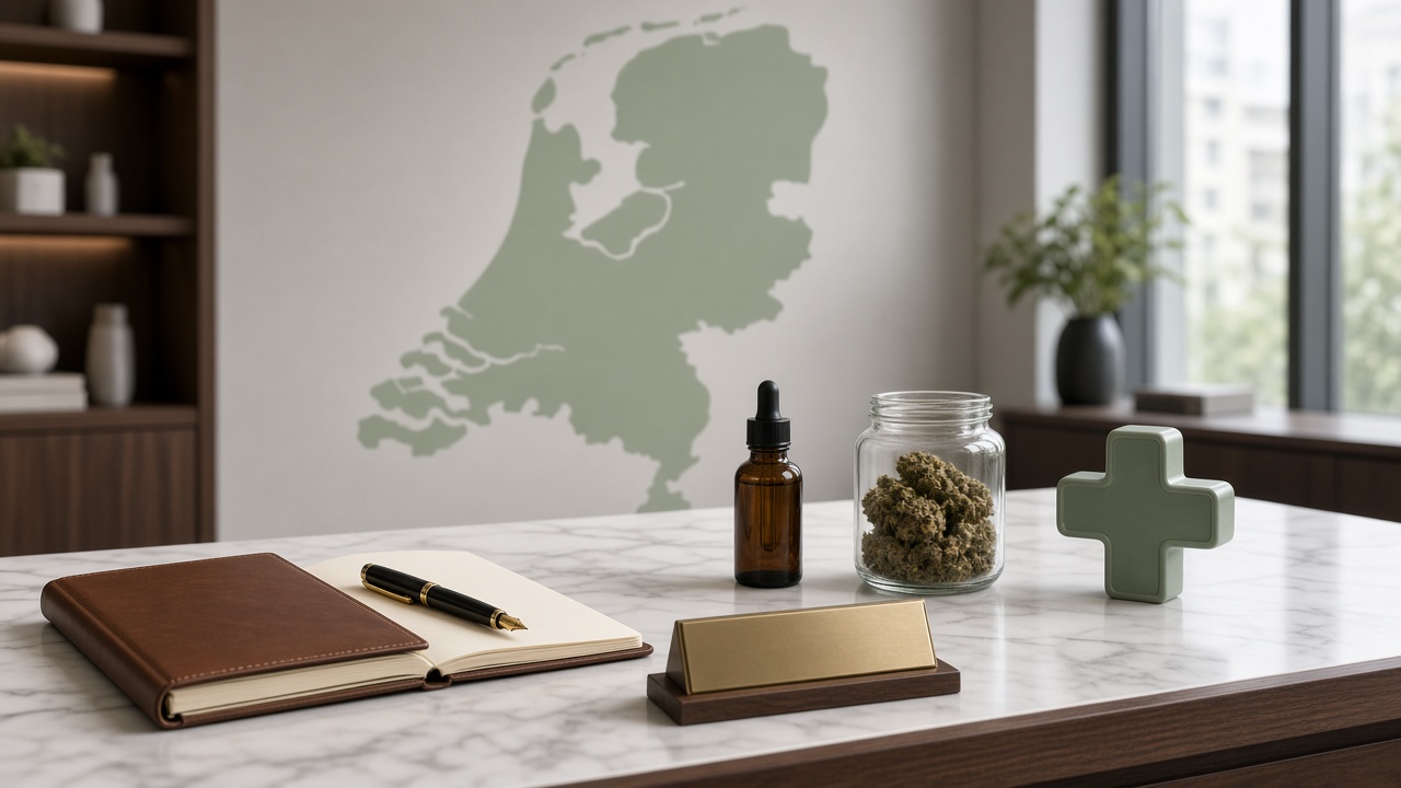 Bureau corporate avec carte des Pays-Bas, dossier et cannabis médical