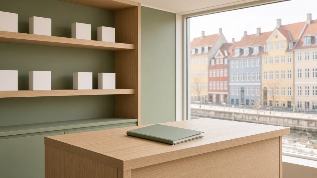 Pharmacie claire au style scandinave avec vue sur les façades de Copenhague