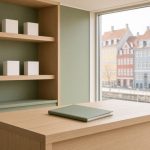 Pharmacie claire au style scandinave avec vue sur les façades de Copenhague