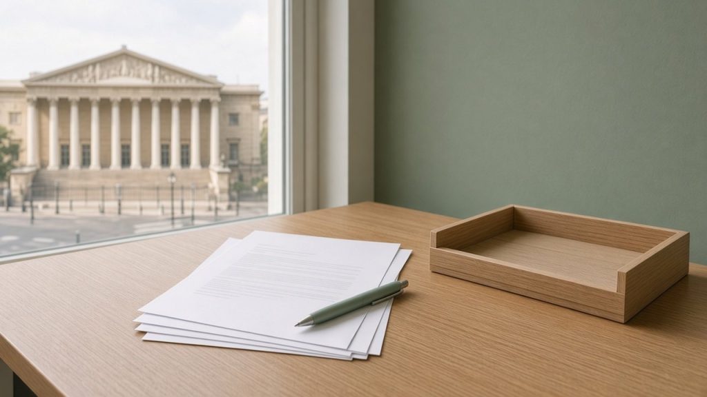 Pile de questions écrites et bac à courrier vide sur un bureau face à l'Assemblée nationale