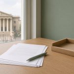 Pile de questions écrites et bac à courrier vide sur un bureau face à l'Assemblée nationale