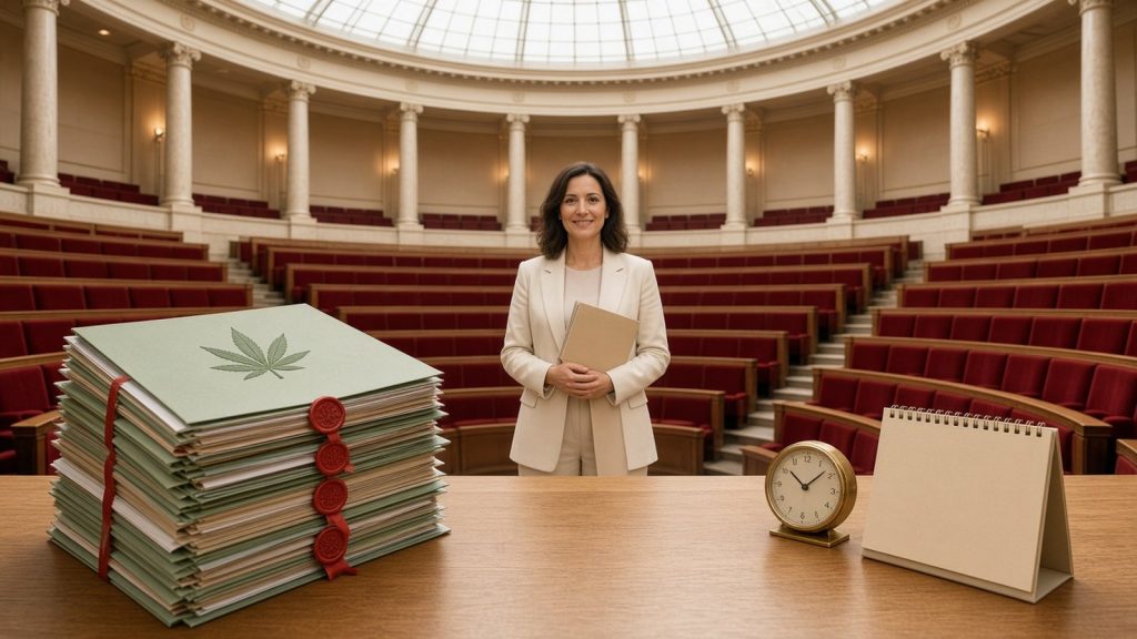 Pile de dossiers parlementaires scellés marquée d’une feuille de cannabis, horloge et calendrier sur un pupitre en bois clair, devant une députée souriante dans l’hémicycle lumineux