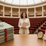 Pile de dossiers parlementaires scellés marquée d’une feuille de cannabis, horloge et calendrier sur un pupitre en bois clair, devant une députée souriante dans l’hémicycle lumineux