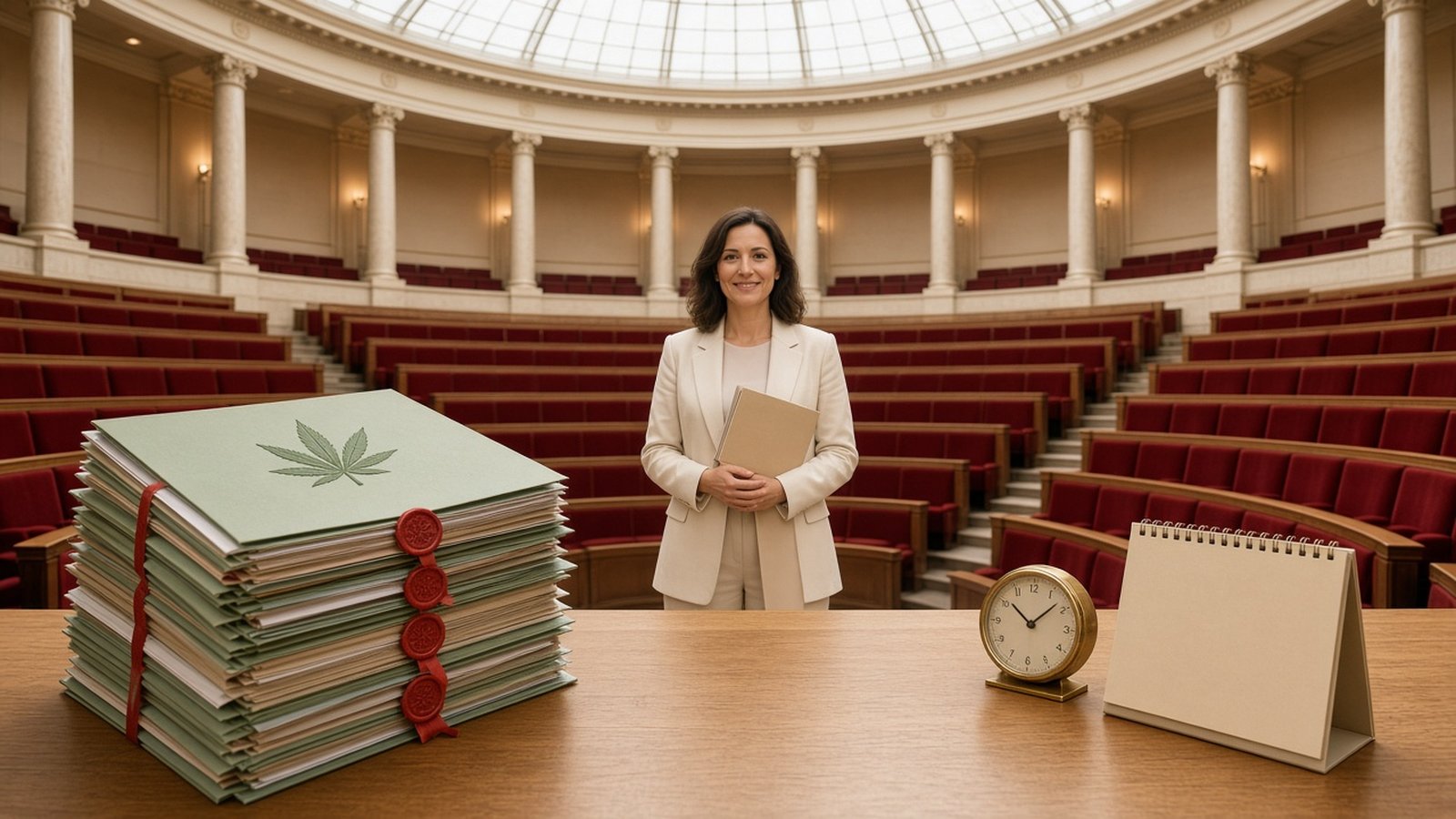 Pile de dossiers parlementaires scellés marquée d’une feuille de cannabis, horloge et calendrier sur un pupitre en bois clair, devant une députée souriante dans l’hémicycle lumineux