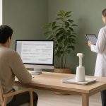Salle d’essai clinique lumineuse aux murs vert sauge, un volontaire vu de dos assis devant un écran de questionnaire et une chercheuse avec une tablette près d’un vaporisateur posé sur une table en bois clair