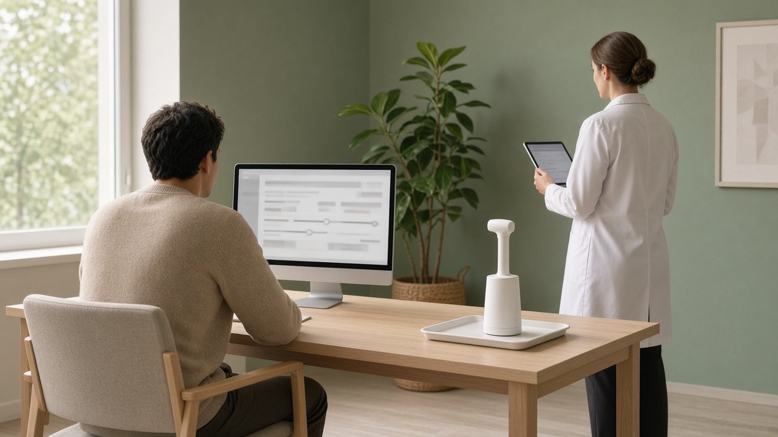Salle d’essai clinique lumineuse aux murs vert sauge, un volontaire vu de dos assis devant un écran de questionnaire et une chercheuse avec une tablette près d’un vaporisateur posé sur une table en bois clair