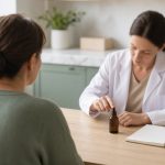 Pharmacienne en blouse blanche montrant un flacon compte-gouttes ambré sans étiquette à une patiente vue de dos, avec un carnet sur une table en bois clair, dans une pièce lumineuse aux tons sauge et beige