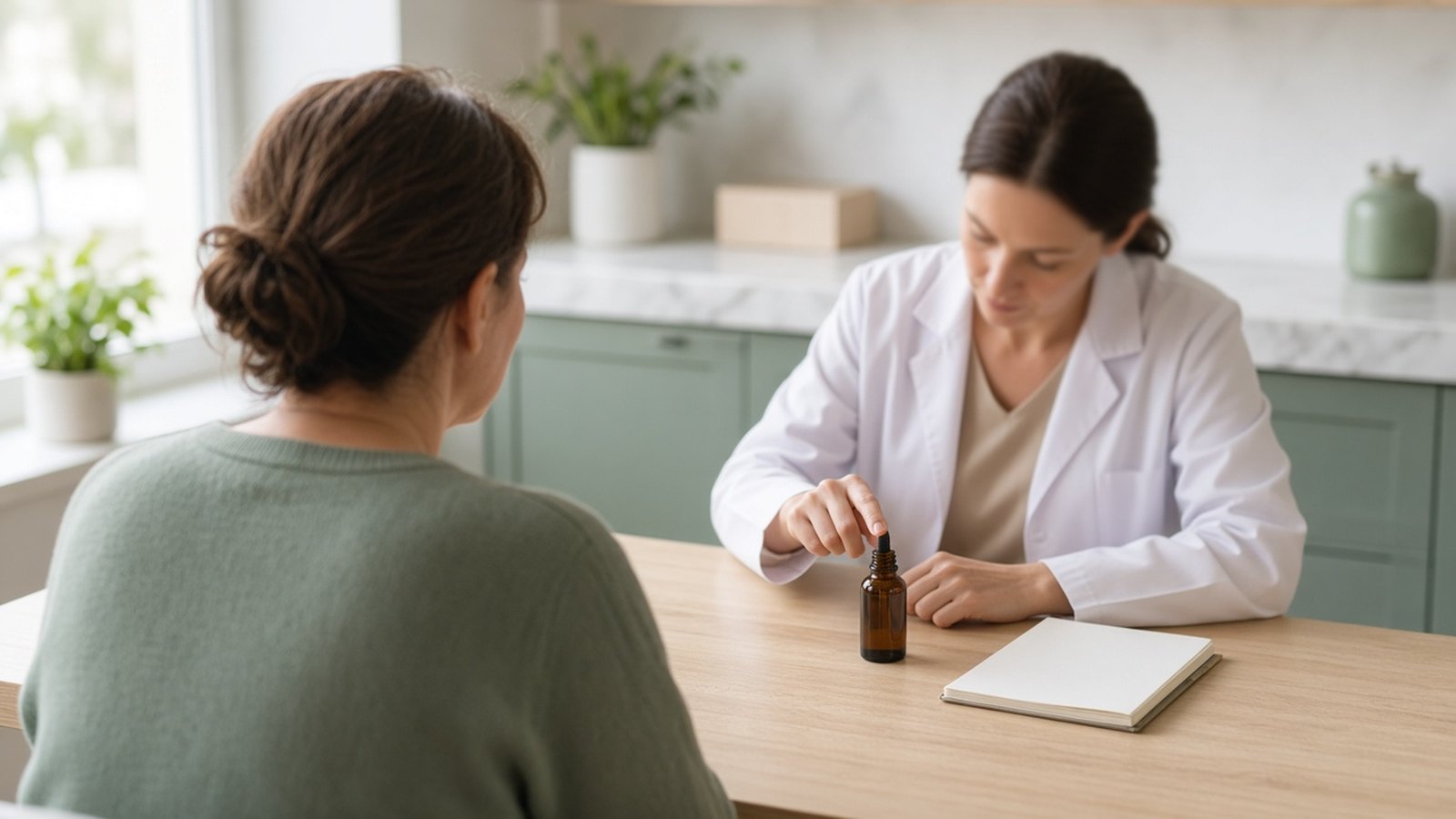 Pharmacienne en blouse blanche montrant un flacon compte-gouttes ambré sans étiquette à une patiente vue de dos, avec un carnet sur une table en bois clair, dans une pièce lumineuse aux tons sauge et beige