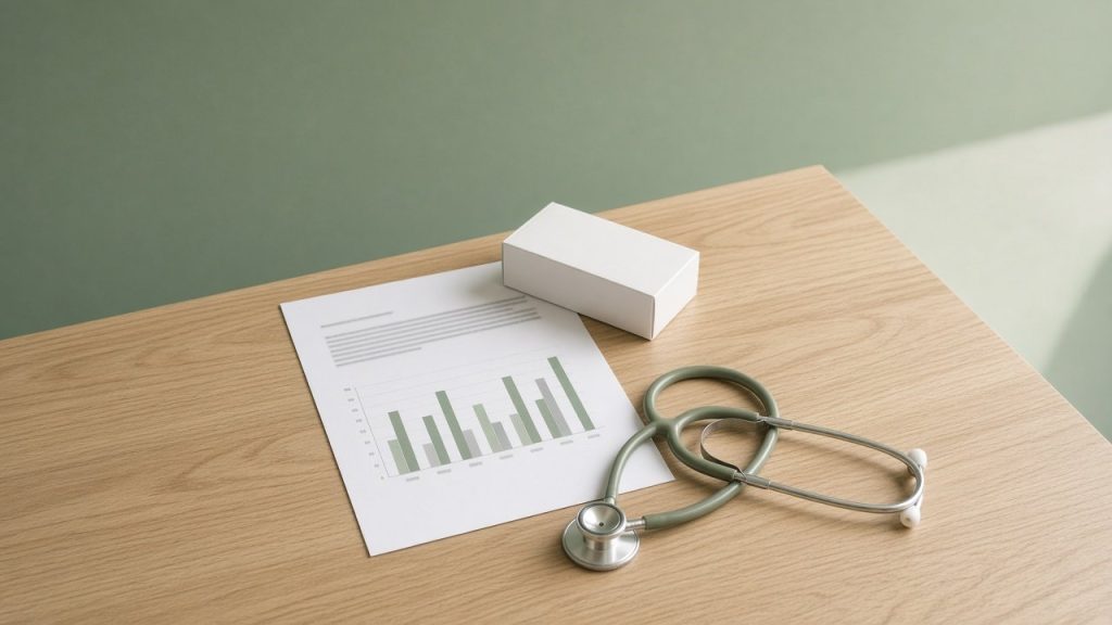 Rapport de pharmacovigilance avec graphique, boîte blanche et stéthoscope