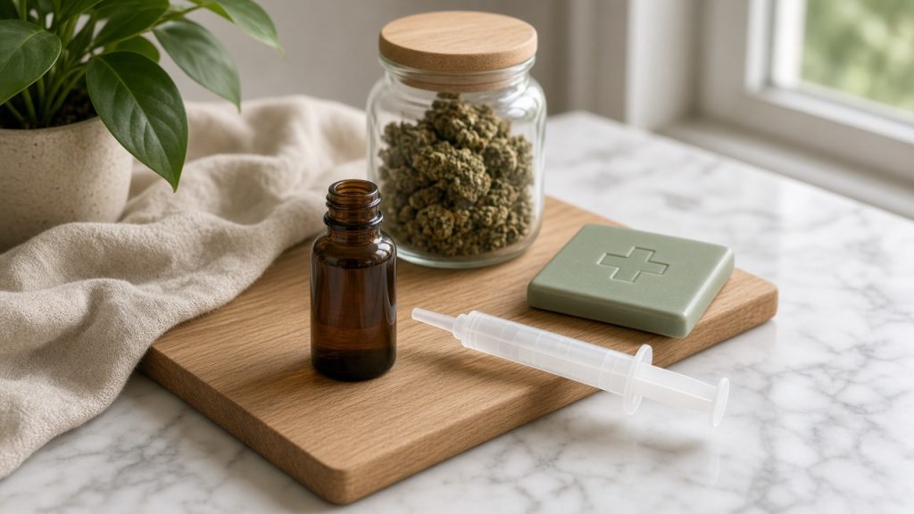 Epidyolex en France : flacon compte-gouttes ambré et seringue doseuse orale sur marbre blanc, bocal de fleurs de cannabis et croix verte discrète