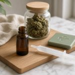 Epidyolex en France : flacon compte-gouttes ambré et seringue doseuse orale sur marbre blanc, bocal de fleurs de cannabis et croix verte discrète