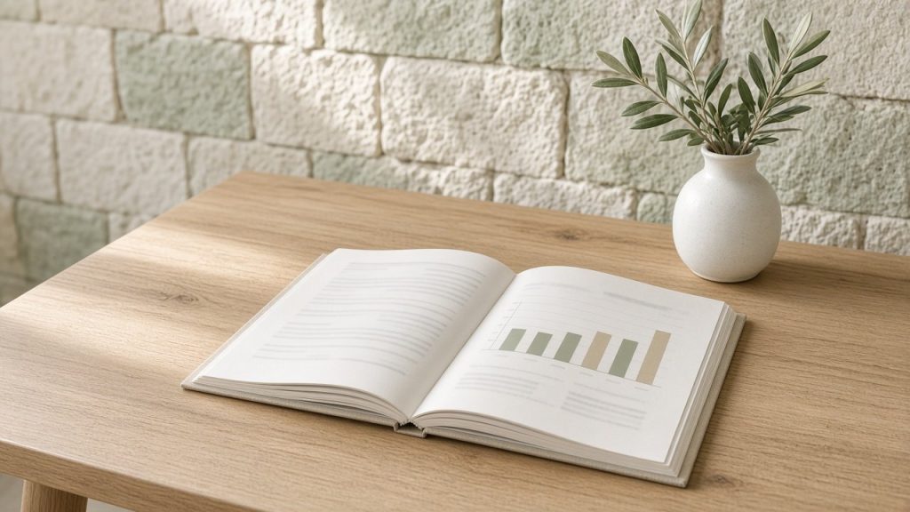 Registre ouvert avec graphique en barres et vase d'olivier sur une table