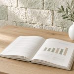Registre ouvert avec graphique en barres et vase d'olivier sur une table