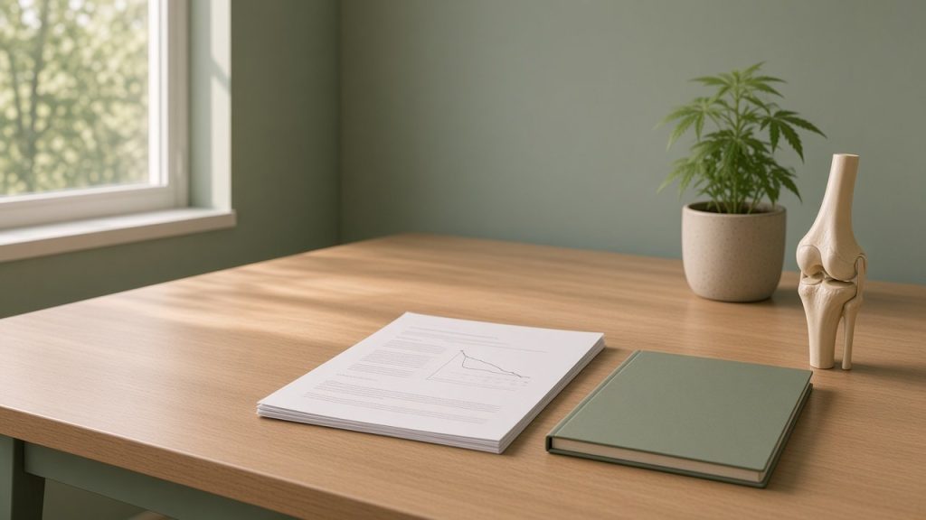 Bureau en bois clair près d’une fenêtre, murs vert sauge : une revue d’études imprimée avec une courbe de douleur descendante, un carnet vert, un modèle anatomique de genou et un plant de chanvre en pot, lumière naturelle chaude