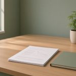 Bureau en bois clair près d’une fenêtre, murs vert sauge : une revue d’études imprimée avec une courbe de douleur descendante, un carnet vert, un modèle anatomique de genou et un plant de chanvre en pot, lumière naturelle chaude