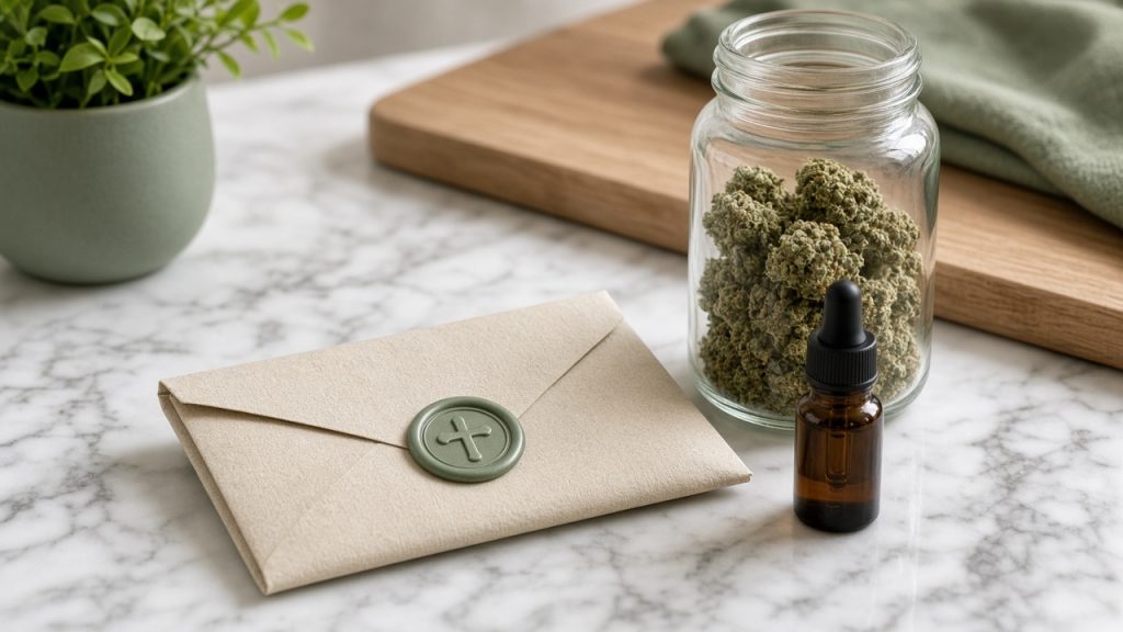 Généralisation du cannabis médical en France en 2026 : enveloppe officielle scellée à la cire sauge et croix verte, bocal de fleurs et flacon ambré sur marbre