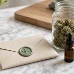 Généralisation du cannabis médical en France en 2026 : enveloppe officielle scellée à la cire sauge et croix verte, bocal de fleurs et flacon ambré sur marbre