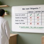 Scientifique en blouse blanche, vu de dos, devant un tableau blanc comparant indica, sativa et hybride selon la forme de la plante, la fiabilité de l'étiquette, les effets et le THC/CBD