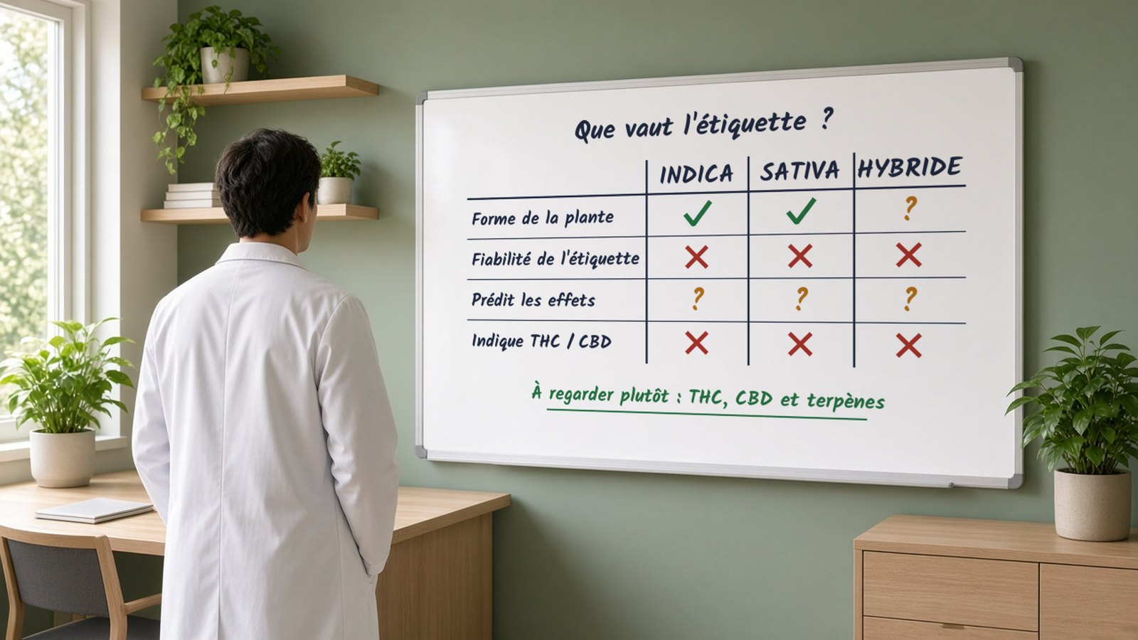 Scientifique en blouse blanche, vu de dos, devant un tableau blanc comparant indica, sativa et hybride selon la forme de la plante, la fiabilité de l'étiquette, les effets et le THC/CBD