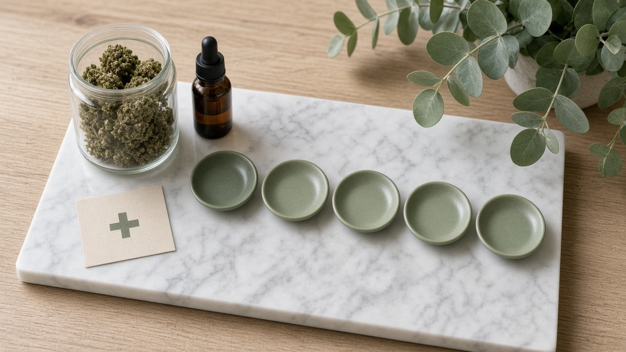Indications du cannabis médical en France : bocal de fleurs, flacon ambré et cinq coupelles vert sauge sur marbre blanc avec carte à croix verte et eucalyptus