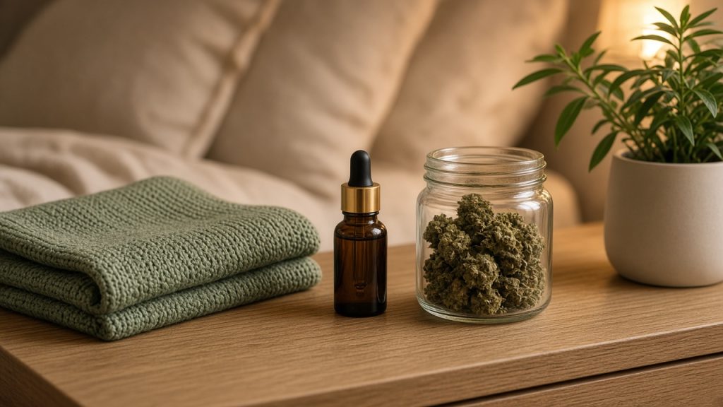 Cannabis médical et jambes sans repos : table de chevet en chêne, plaid tricot sauge, flacon ambré et bocal de fleurs sous une lumière de lampe douce