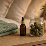 Cannabis médical et jambes sans repos : table de chevet en chêne, plaid tricot sauge, flacon ambré et bocal de fleurs sous une lumière de lampe douce