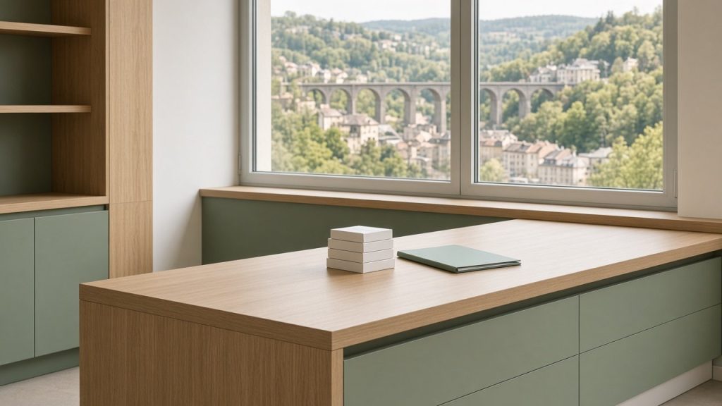 Comptoir de pharmacie hospitalière avec vue sur un viaduc du Luxembourg