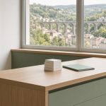 Comptoir de pharmacie hospitalière avec vue sur un viaduc du Luxembourg