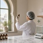 Pharmacienne de contrôle qualité inspectant des flacons ambrés de solution buvable dans un laboratoire pharmaceutique lumineux, cartons scellés en attente et arche marocaine en arrière-plan