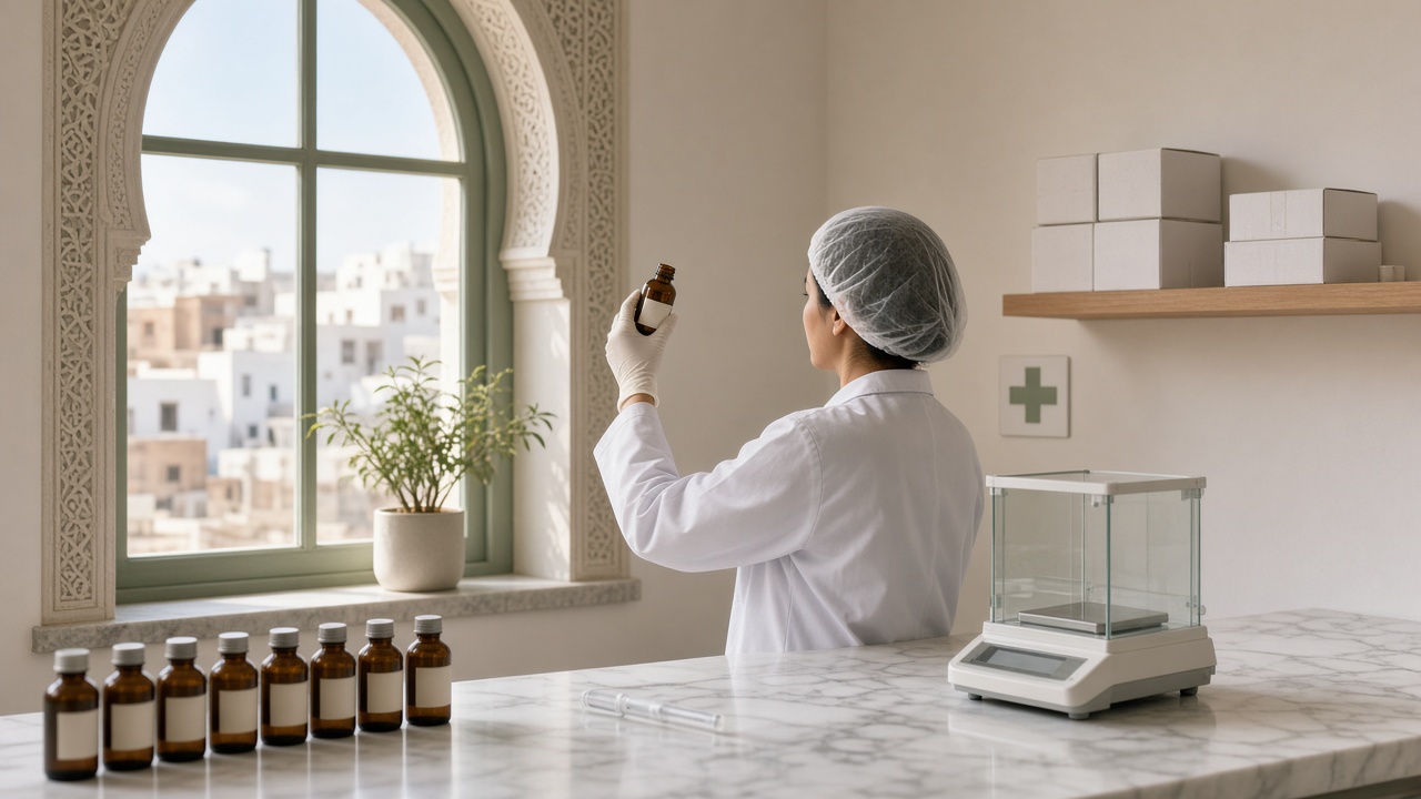 Pharmacienne de contrôle qualité inspectant des flacons ambrés de solution buvable dans un laboratoire pharmaceutique lumineux, cartons scellés en attente et arche marocaine en arrière-plan