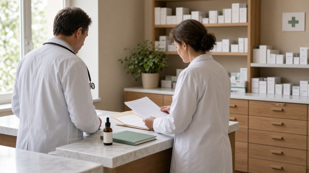 Médecin et pharmacienne, vus de dos, consultant ensemble un dossier patient et une ordonnance au comptoir arrière d’une pharmacie, avec un flacon compte-gouttes ambré et une croix médicale verte