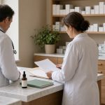 Médecin et pharmacienne, vus de dos, consultant ensemble un dossier patient et une ordonnance au comptoir arrière d’une pharmacie, avec un flacon compte-gouttes ambré et une croix médicale verte