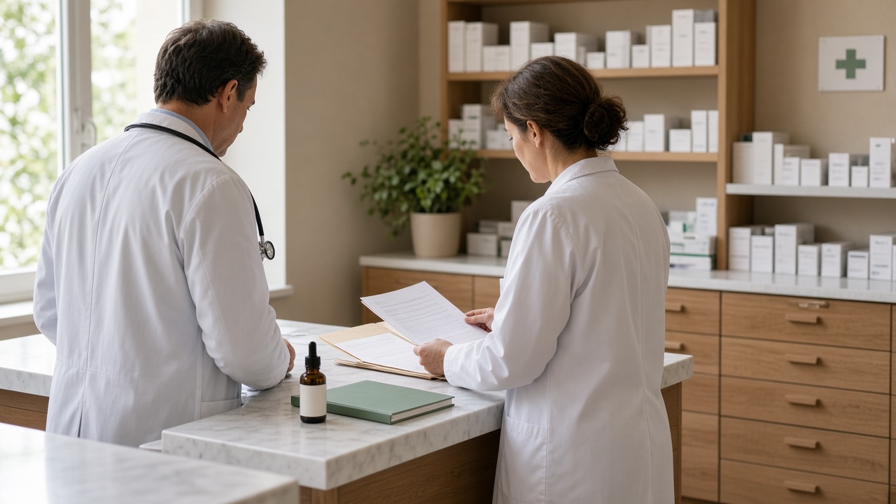 Médecin et pharmacienne, vus de dos, consultant ensemble un dossier patient et une ordonnance au comptoir arrière d’une pharmacie, avec un flacon compte-gouttes ambré et une croix médicale verte