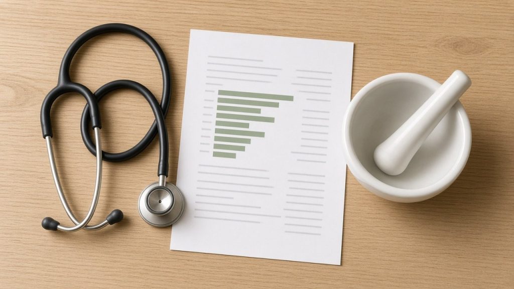 Stéthoscope, sondage imprimé et mortier de pharmacien sur un plan en chêne