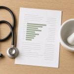 Stéthoscope, sondage imprimé et mortier de pharmacien sur un plan en chêne