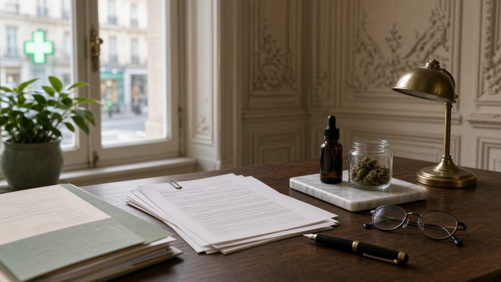 Bureau en bois d’un bureau parlementaire avec liasses de projet de loi et d’amendements, flacon compte-gouttes ambré, petit bocal de fleurs séchées, plante verte et croix médicale verte