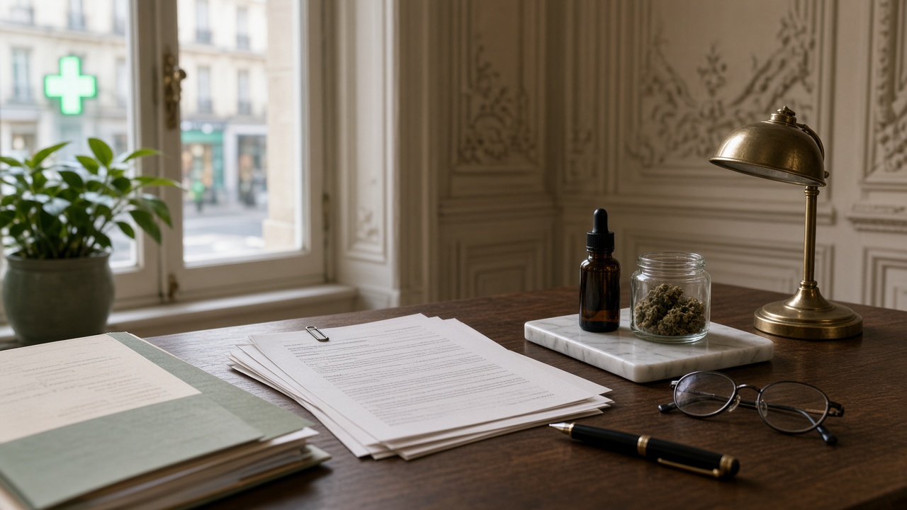 Bureau en bois d’un bureau parlementaire avec liasses de projet de loi et d’amendements, flacon compte-gouttes ambré, petit bocal de fleurs séchées, plante verte et croix médicale verte