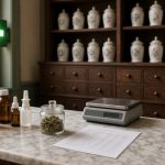 Comptoir d’une pharmacie allemande avec flacons de solution buvable, spray buccal, flacon compte-gouttes ambré et bocal de fleurs de cannabis médical