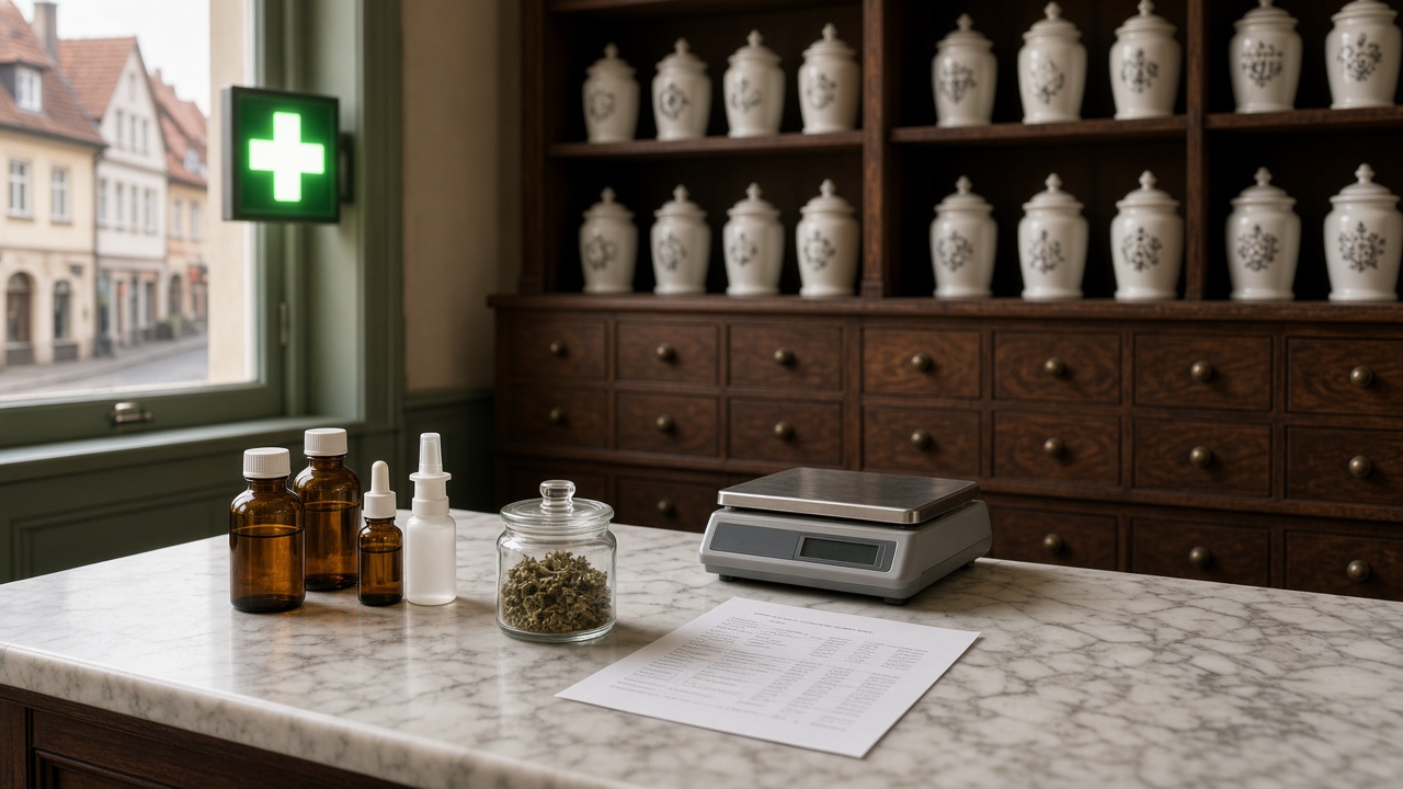 Comptoir d’une pharmacie allemande avec flacons de solution buvable, spray buccal, flacon compte-gouttes ambré et bocal de fleurs de cannabis médical