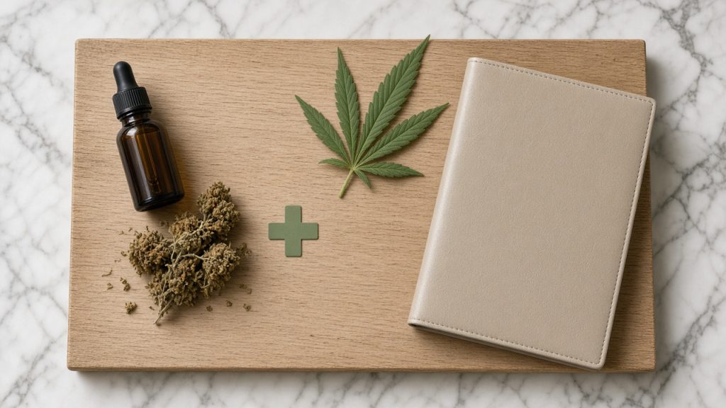 Proposition de loi CBD : flacon ambré, fleurs de chanvre, feuille et croix verte sur planche en bois clair et marbre blanc