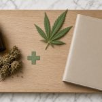 Proposition de loi CBD : flacon ambré, fleurs de chanvre, feuille et croix verte sur planche en bois clair et marbre blanc
